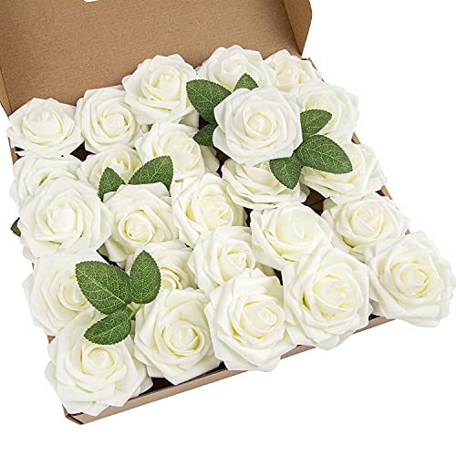 25pcs Artificial Flower Foam Rose Real Touch Roses Flower Heads with Stem for DIY Wedding Bouquets Centerpieces Arrangements Party Baby Shower Home Decor (Ivory) - color: Ivory