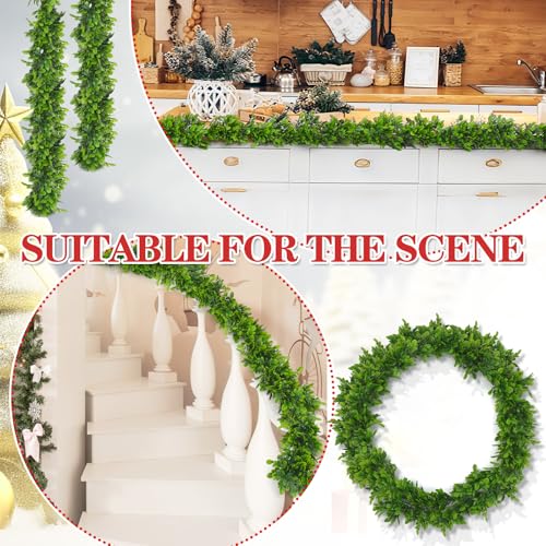 Dingion 6 ft Artificial Boxwood Garland Spring Faux Greenery Garland Preserved Green Leaves Fake Vines Hanging Plant Realistic Green Decor for UV Outdoor Indoor Wedding Backdrop Arch Wall Table