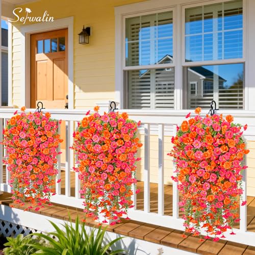 Serwalin Artificial Hanging Flowers for Outdoors Faux Plants, 4PCS Faux Morning Glory Fake Outdoor Flowers UV Resistant Realistic Silk Flower for Outside Planter Front Door Porch Patio Yard Decor - color: Orange& Hot Pink