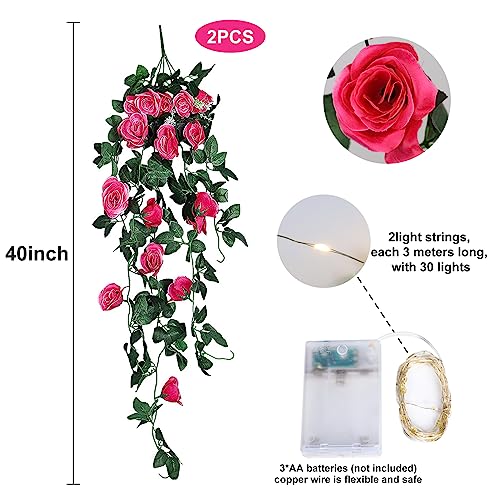 RECUTMS 2pcs Artificial Hanging Plants 32 in Fake Plant Ivy Vine Outdoor UV Resistant Plastic (Rose red) - color: Rose Red, size: 2 pcs light