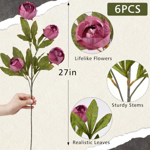 Waipfaru 6 Pcs Faux Peonies Artificial Flowers for Vase, 27"- Warm Pink | Fake Silk Peonies Flowers for Wedding, Vase Filler Flowers for DIY Bouquets Centerpieces Bridal Shower Office Decor - color: Warm Pink, size: 6Pcs