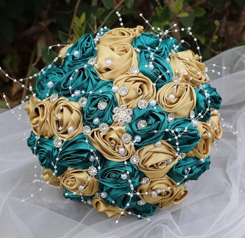 Ujicde Romantic Wedding Bouquet Bridal Bridesmaid Round Bling Brooch Bouquet Throw Toss Artificial Rose Flower Bunch with Sparkle Rhinestone Crystal Decoration(Dark Green+Gold,Dia. 6.3"*16cm) - color: Dark Green+gold, size: Dia. 6.3"*16cm