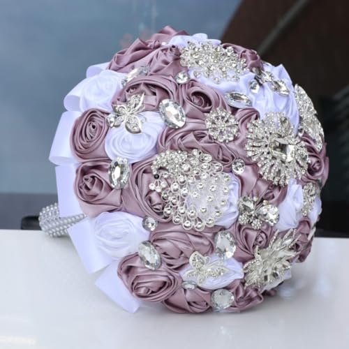 Bridal Wedding Bouquet with Bling Silver Rhinestones for Bride Bridesmaid Quinceanera Satin Rose Flower Bouquet Wedding Skin Purple and White 8.7in - color: Skin Purple & White (Standard Size: Dia.8.7")