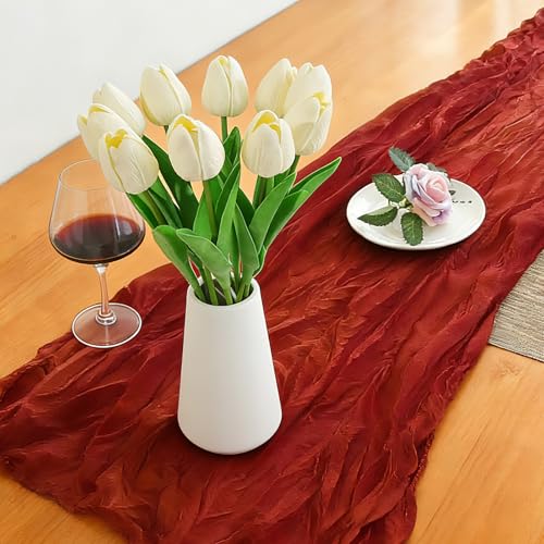 Real-Touch Artificial Tulips with Ceramic Vase, 10 Stems Faux Floral Arrangement, Spring Table Centerpiece, Modern Farmhouse Home Decor (White with Blue +vase) - color: White With Blue +Vase