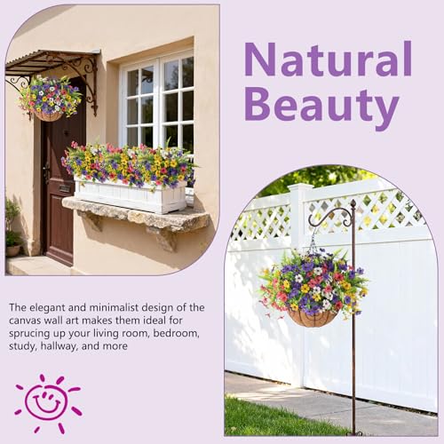 Artificial Flowers Hanging Baskets, Multicolor 12 Bundles Faux Flower with Ferns Outdoor Hanging Basket Spring Summer Decoration, Fake Flowers Plants for Porch Patio Balcony Home Yard Decor - color: Purple Rose Red White Yellow