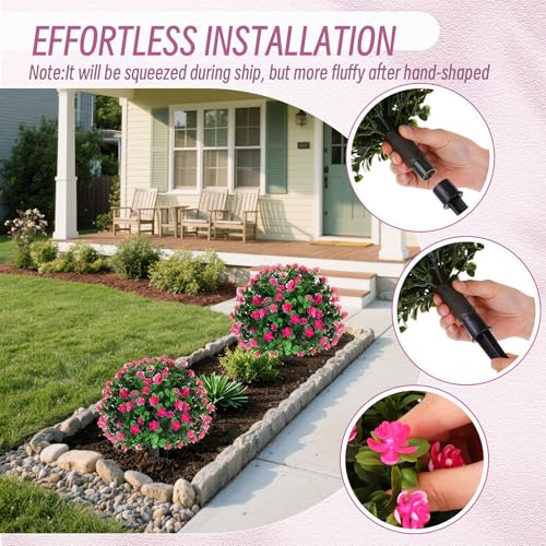 Yunlly Set of 6 Artificial Boxwood Topiary Ball Tree 16 Inch Outdoor Topiary Tree with Flower Fake Bushes, UV Resistance Faux Shrubs Evergreen Plant with Spike for Front Porch Indoor Decor (Pink) - color: Pink