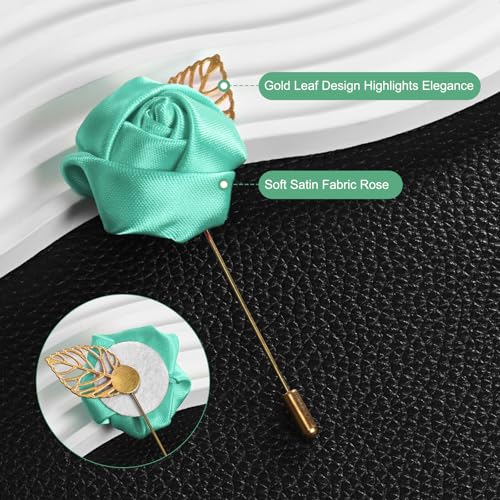 M METERXITY 12-Pack Flower Lapel Pins for Men, Golden Leaf Rose Boutonnieres Pin for Wedding/Dance/Party, Mens Lapel Pins for Suits Satin Flower Corsage Hat Pins [Light Green] - color: Light Green
