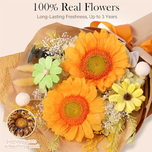 Forever Flowers for Delivery - Preserved Sunflowers Bouquet, Real Sunflowers That Last 3 Years, Eternal flowers Bouquet, Mothers Day Gifts for Mom Grandma Wife, Anniversary Birthday Gifts for Women - color: Orange