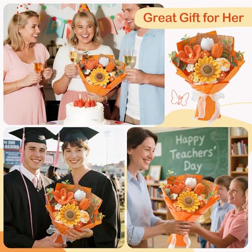 Crochet Flower Bouquet,Orange Knitted Flowers, Handmade Sunflowers Tulips Roses Bouquet for Valentine Day Birthday Anniversary Party Mother's Day Graduation Gifts(with Card) - color: Orange
