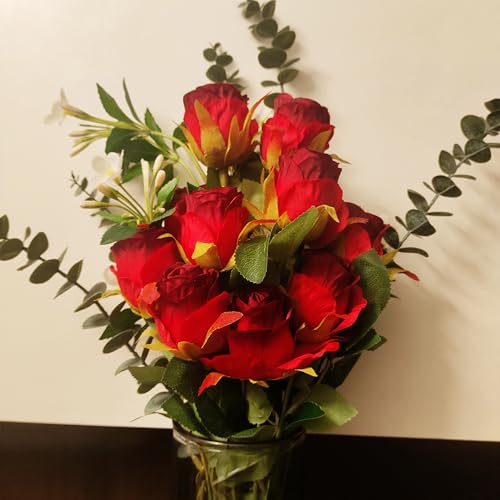 Artificial Roses 10 Pcs - Lifelike Single Stem Fake Roses with Natural Petal Texture,Fade-Resistant Silk Flowers for Wedding Decor,Home Vase Arrangements,Party Centerpieces(10, Red) - color: Red