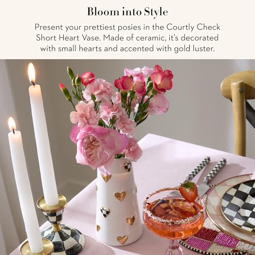 MACKENZIE-CHILDS Ceramic Heart Vase, Unique Decorative Vase, Short, Black-and-White Courtly Check - size: Short