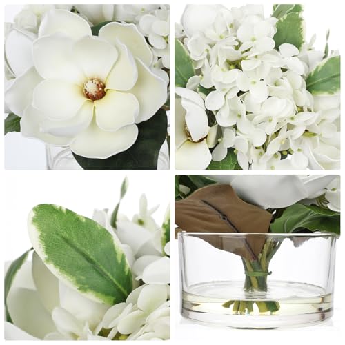 Briful Artificial Magnolia and Hydrangea Flower Arrangement in Glass Vase 9.4" Realistic White Silk Fake Flower with Faux Water Fake Floral Centerpieces for Home Room Office Table Shelf Décor - color: White