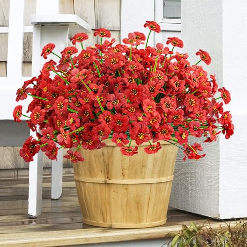 Krissing 48 Bundles Outdoor Artificial Flowers UV Resistant Fake Silk Flowers Faux Plastic Plants Outside Garden Porch Window Box Summer Decoration (Red) - color: Red