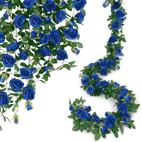 U'Artlines 5 Pack Artificial Royal Blue Rose Vines Floral Garlands Total 32.5 Ft Fake Vine Silk Flower Garland for Indoor Outdoor Home Wedding Arch Garden Wall Decoration - color: Royal Blue, size: Set of 5