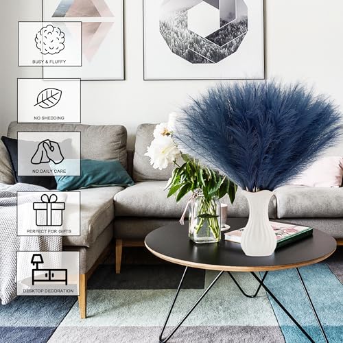 Navy Blue Faux Pampas Grass Extra Full, 24'' Tall 30 Stems with 90 Branches Artificial Pampas Grass Boho Decor, Artificial Flower Arrangements for Wedding Centerpieces, Vase Filler - color: Navy Blue, size: 24'' Tall