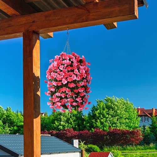 INQCMY Artificial Hanging Flowers Basket for Outdoors Spring Summer Decoration,Faux Silk Begonia in Planter Look Real UV Resistant for Outside Home Porch Patio Garden Balcony Yard Decor（Deep Pink） - color: Deep Pink