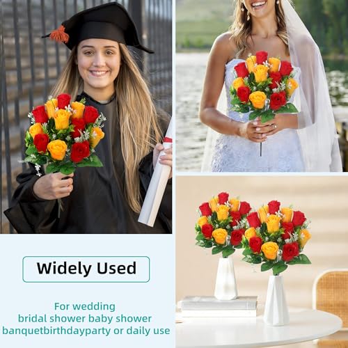 Artificial Rose Bouquets Fake Roses Flowers Set of 4 Realistic Silk Flowers for Cemetery Headstone Home Wedding Decoration UV Resistant No-Fading(Red Yellow) - color: Red Yellow