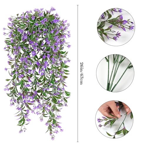 TOCHGREEN 4Pcs Artificial Hanging Plants Fern Vine, Faux Plastic Plants Fake Ivy Vine Greenery Garland with Purple Flower, Outdoor Indoor Decorations for Living Room Balcony Garden Wall Home Decor - color: Purple
