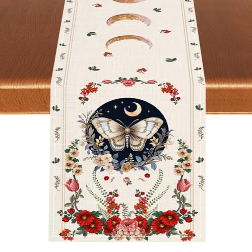Gothic Moth Table Runner, Boho Floral Gothic Sun Moon Phase Mystical Witchy Starlight Coffee Table Center Decor for Home Kitchen Dining Patio Holiday Party Table Decorations 13x36 inches - color: Tr-moth07, size: 13x36" Table Runner