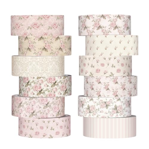 YooNotee 12 Rolls Watercolor Floral Washi Tape Set 15 mm Vintage Flower Decorative Masking Tape for Summer School Arts DIY Craft Scrapbook Journal Supplies Gifts(Dusty Pink,Rose) - color: Dusty Pink, style: Rose