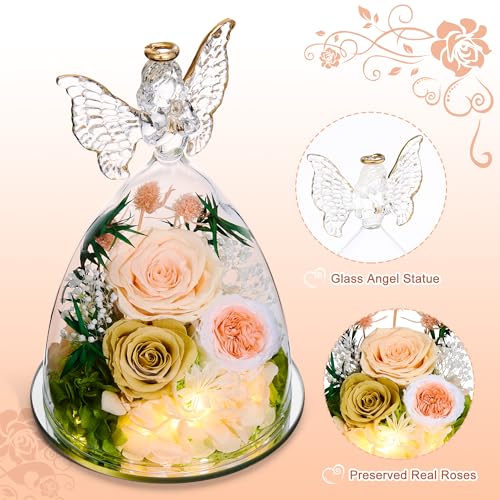 Mothers Day Rose Gifts for Women Preserved Real Flower in Glass Angel Figurines Roses for Delivery Prime Birthday Gifts for Mom Grandma Girlfriend Wife Her, ChampagneGold Austin - color: Champagnegold Austin