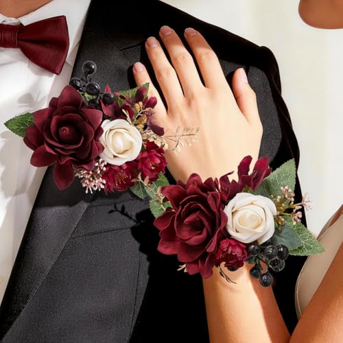 Red Rose Boutonniere and Wrist Corsages for Wedding(Set of 2), Prom Corsage Wristlet for Wedding, Prom, Anniversary, Graduation, etc. - color: Red, size: 1 Corsage & 1 Boutonniere