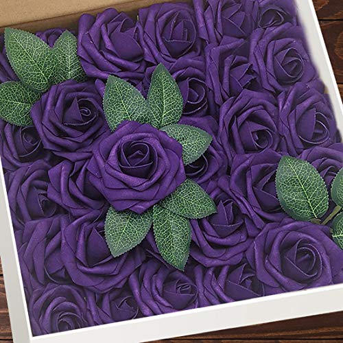 Higfra Artificial Flowers 25pcs Real Looking Dark Purple Foam Fake Roses with Stems for DIY Wedding Bouquets White Bridal Shower Centerpieces Arrangements Mothers Day Party Tables Decorations - color: Dark Purple, size: 25Pcs