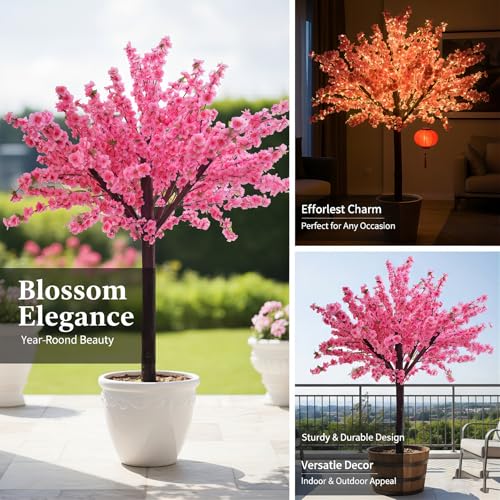 Pink Cherry Blossom Tree with Wood Trunk and Pink Flowers for Home Decor, Cherry Blossom Tree Artificial for Engagements, Anniversaries, Valentine's Day Docer - size: 7 FT