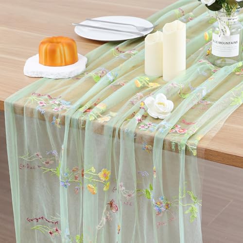 BINBE 3pcs Sage Green Florals Table Runner Embroidery Gauze 10FT Daisy Seasonal Tulle Birthday Wedding Holiday Kitchen Dining Table Decor for Home Party - color: Sage Green, size: 10ft x 3pack