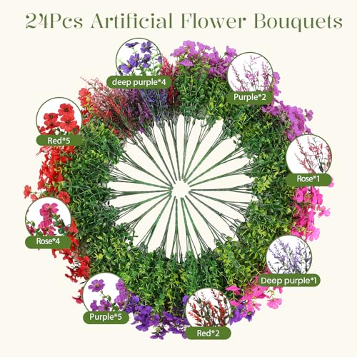 SHareconn 24 Bundles Artificial Flowers for Outdoors Decoration,Faux Plants Fake Silk Colorful Daisy Eucalyptus Lavender,UV Resistant for Outside Home Porch Indoor Spring Decor,RedRosyPurpleDeeppurple - color: Redrosypurpledeeppurple