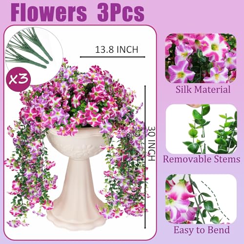 3 Pack Artificial Morning Glory Flowers for outdoors spring decor, UV Resistant Fake Flowers for Outdoor Wedding Party, Realistic Faux Hanging Plants for Patio, Porch,Front Door Decor (Pink Purple) - color: Double Purple-3