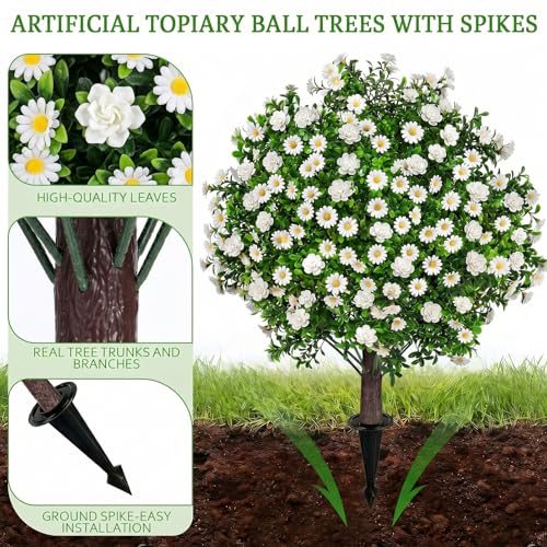 Artificial Boxwood Topiary Ball Trees Daisy Camellia Flowers with Spikes 27" Set of 2, UV Resistant Faux Mums Greenery Shrubs, Realistic Fake Bushes Plant for Outdoor Garden Front Porch Patio Decor - color: Boxwood Daisy