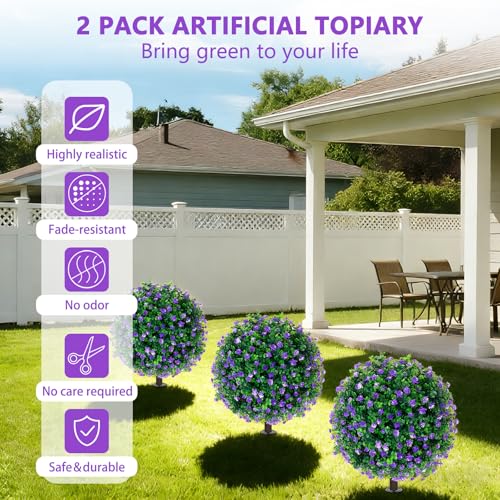 Yangrass Artificial Purple Flower Topiary Ball Trees with Ground Spike, Set of 2 UV Resistant Artificial Shrubs, Fake Evergreen Artificial Plant Bushes for Indoor Outdoor Front Porch Garden - color: Purple Flower