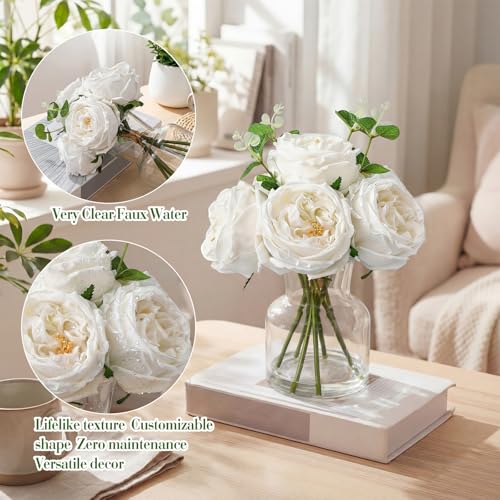 Norme Real to Touch Penoies Artificial Flowers, 6 Pcs Faux Austin Rose in Vase with Big Bloom and Fake Water Real Latex Petals for Wedding Dining Table Centerpiece Home Decor(White) - color: White