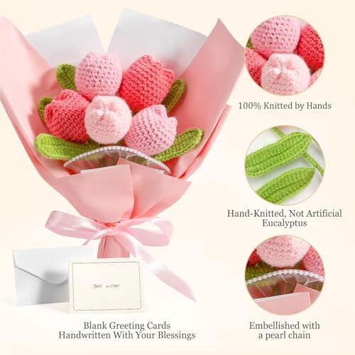 Omldggr Crochet Flower Bouquet with Blank Greeting Cards, Handmade Crochet Tulips, Graduation Bouquet, Crochet Plant for Valentines Day, Friends, Mother's Day, Birthday Wedding Home Decor - color: Pink-tulips