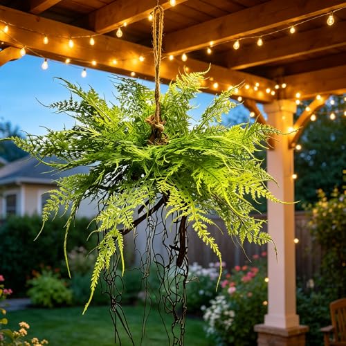 Hrobek 2 Pack Ferns Artificial Hanging Plants for Outdoor Fake Faux Fern Plants with Roots, UV Resistant Greenery Plants for Indoor Home Patio Porch Decor - color: Asparagus Fern