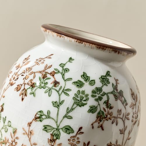 5.63" Ceramic Flower Decorative Antique Vase, Vintage Rustic Chinoiserie Floral Vase for Home Decor, Living Room, Bookshelf, Office, Entryway, Garden, Chinoiserie Decor, Tuscan Decor - color: Green and Beige- 5.63"