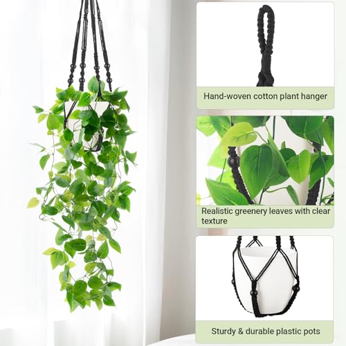 Mkono Fake Hanging Plant with Pot, Artificial Plants for Home Decor Indoor Macrame Plant Hanger with Fake Vines Faux Hanging Planter Greenery for Bedroom Bathroom Kitchen Office Decor (1, Black) - color: Black