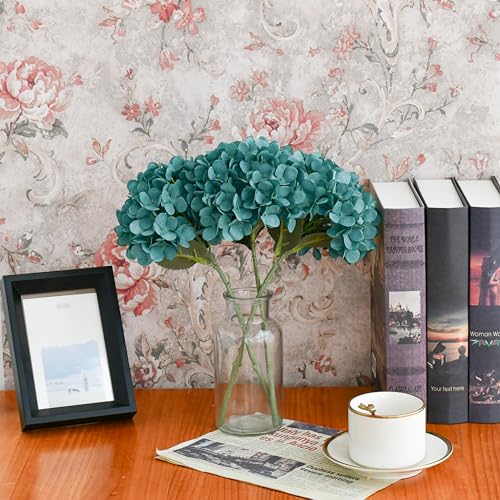 Mandy's 3 Stems Artificial Teal Hydrangea Flowers | 13.7 inch Realistic Silk Bouquet for Centerpieces Easter Wedding & Home Decor - color: Teal