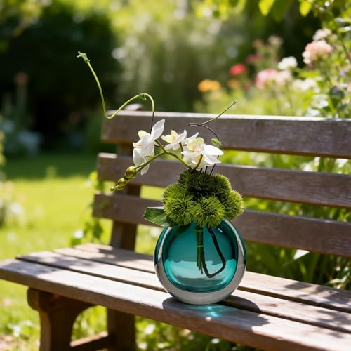 Artificial Orchids, White, in Translucent Bubble Glass Vase, Blue | Look Real, Realistic Appearance, Flower Arrangement - color: Blue