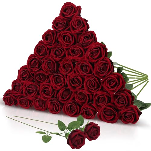 36 Pcs Velvet Texture Burgundy Artificial Flowers Bridal Bouquet, Fake Rose Long Stem Realistic Flowers Bulk for Valentine's Day Wedding Bouquet Ball Arrangement Centerpiece Party Home Decor - color: Burgundy