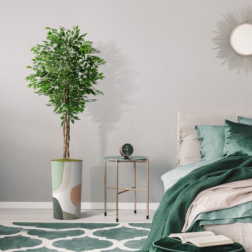 Artificial Tree in Multicolor Textured Geometric Shapes Illustrations Planter, Fake Ficus Silk Tree for Indoor and Outdoor Home Decoration - 75" Overall Tall (Plant Pot Plus Tree) - style: Ficus Tree