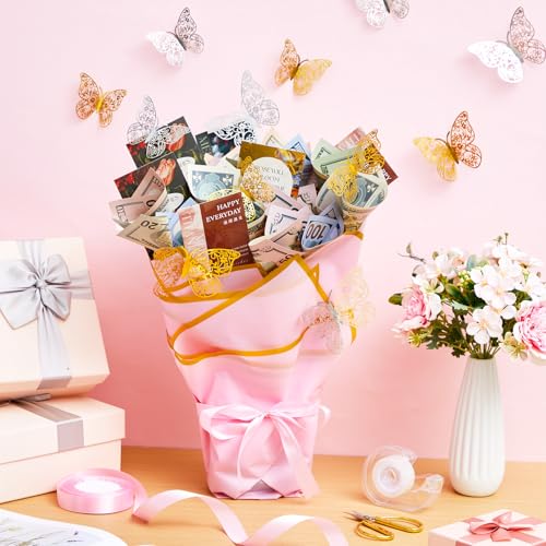 Flower Bouquet Wrapping Accessories DIY Money Bouquet Kit with 5 Floral Wrapping Paper 40 Card Holder 24 Butterfly Decor Floral Foam Block Ribbon Tape Dispenser for Mother's Day Graduation Anniversary
