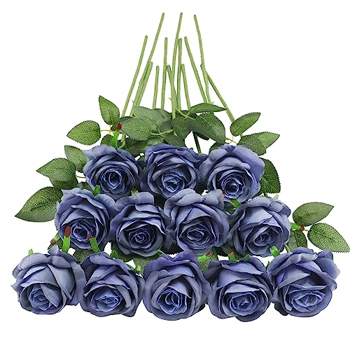 Tifuly Dusty Blue Roses Artificial Flowers - 12 Pcs Long Stem Silk Roses, Realistic Fake Roses with Stem for Bridal Bouquets, Home and Office Decor - color: Dusty Blue