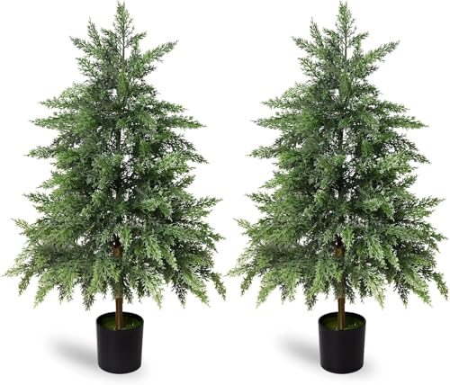 Real Touch Artificial Cedar Topiary Trees 3FT, 2 Sets of Realistic Potted UV Resistant Fake Plants for Front Porch for Outdoor & Indoor Front Porch, Garden, Patio, and Farmhouse Decor