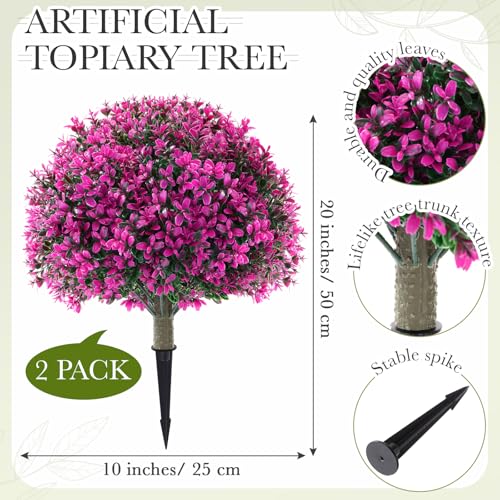 Yunlly 2 Pack 18" Artificial Boxwood Ball Bush Topiary Trees Fake Outdoor Plants, Realistic UV Resistance Faux Shrubs with Spike Greenery Topiary for Front Porch Garden Yard Patio Indoor (Fuchsia) - color: Fuchsia