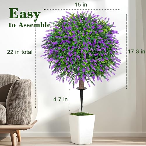 2PCS Faux Boxwood Plants Outdoor Artificial Topiary Ball Trees | Fake Lavender Bush & Shrub / UV Resistant / No Fade / Sturdy Build / No Maintenance / with Spike / Front Porch Decor - color: Lavender