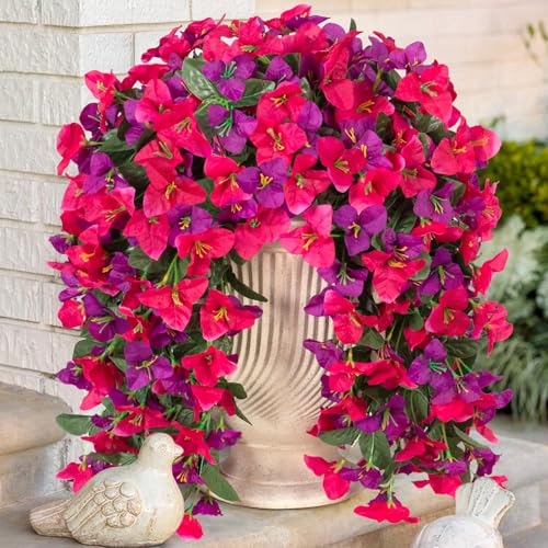 INXUGAO 2 pcs Artificial Faux Bougainvillea Flowers Plants for Outdoor Outside Summer Decoration, Fake Silk UV Resistant Long Trailing Vines for Front Door Porch Planter Balcony (Rose Deep Lotus) - color: Rose Dark Lotus Color