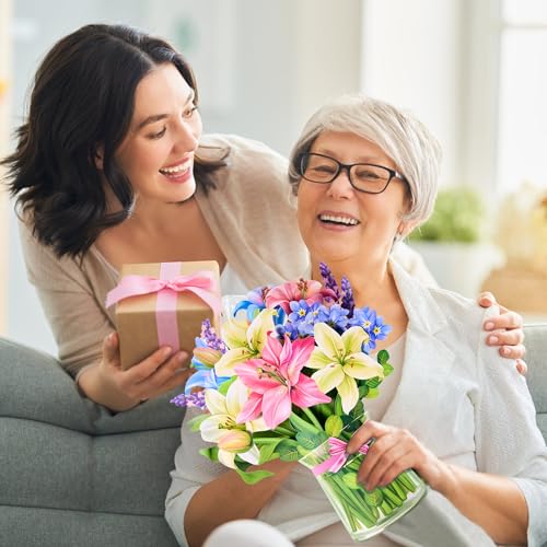 Airpark Pop Up Flower Cards, 3D Paper Flowers Bouquet Birthday Card 12’‘ with Blank Note and Envelope, Mother's Day, Get Well Greeting, Anniversary, Thank You, Easter Gifts Cards for Women Mom, Lillie - style: Lillies & Lupines