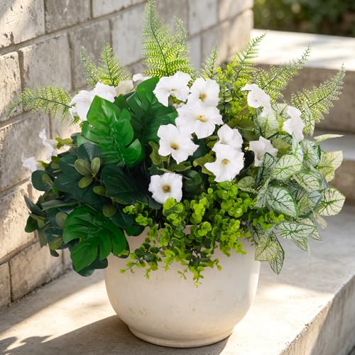 Hrobek Outdoor Faux Plants UV Resistant - 8 Bouquets Realistic Artificial Eucalyptus Fern Morning Glory Greenery for Patio Garden Front Porch Decor Weatherproof Fake Plants for Outside - color: Flowers and Greenery Mix